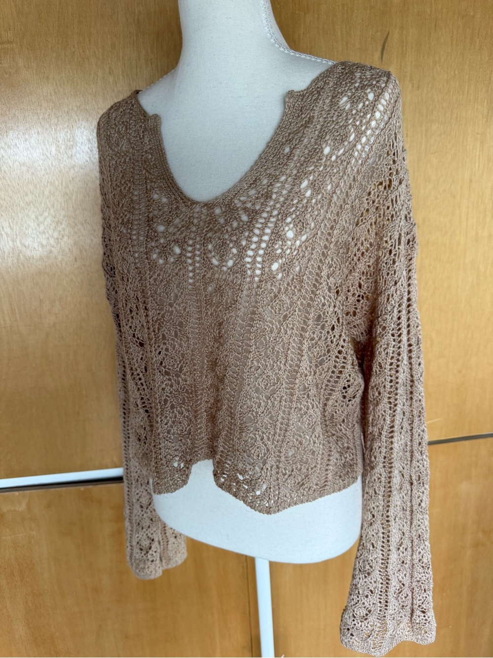 Openwork V-Neck Knit Sweater in Light Tan